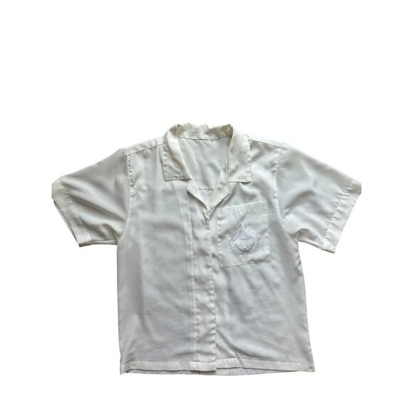 Vintage Tops - Vintage White Embroidered Crest Blouse Nautical Button Shirt Women M 90s Style